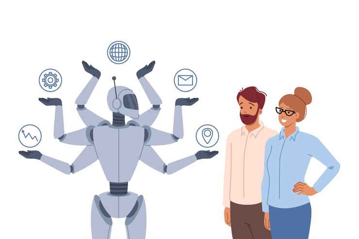 Vector sinergia entre el robot multitarea y los empresarios exitosos que utilizan tecnologías modernas