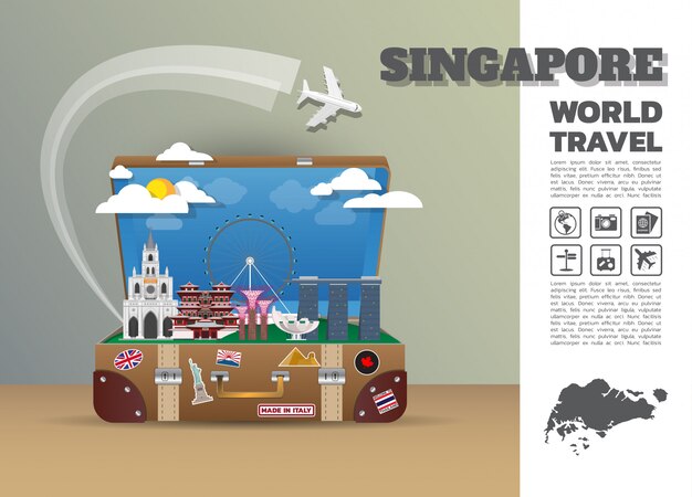 Singapur Landmark Global Travel And Journey Infografía equipaje. Plantilla de diseño / ilustración.