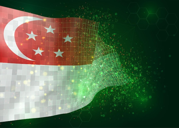 Singapur, en vector bandera 3d sobre fondo verde con polígonos y números de datos