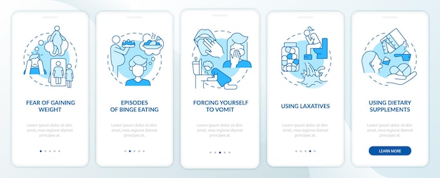 Síntomas de bulimia pantalla de aplicación móvil de incorporación azul. Tutorial sobre el uso de laxantes, páginas de instrucciones gráficas de 5 pasos con conceptos lineales. Interfaz de usuario, UX, plantilla de interfaz gráfica de usuario. Myriad Pro-Bold, fuentes regulares utilizadas