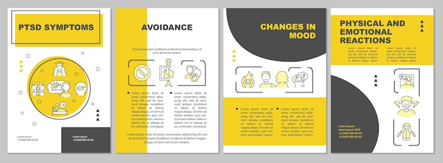 Síntomas de los conceptos de palabras TEPT bandera amarilla Trauma y angustia Infografías con iconos sobre fondo de color Tipografía aislada Ilustración vectorial con texto Fuentes Arial Myriad ProRegular utilizadas
