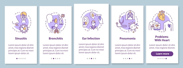 Los síntomas de la gripe incorporan la pantalla de la página de la aplicación móvil con conceptos. sinusitis y bronquitis. tutorial de influenza 5 pasos con instrucciones gráficas. plantilla de vector de interfaz de usuario con ilustraciones en color rgb