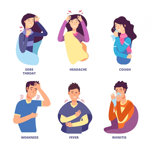 Sintomas de gripe. Personas que demuestran enfermedad por frío. Fiebre tos, escalofríos, mareos. Personajes de vectores para cartel de prevención de la gripe