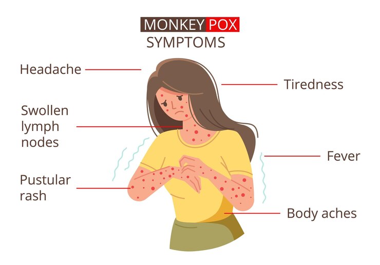 Vector síntomas del virus de la viruela del mono ilustración vectorial para informar a las personas sobre enfermedades infecciosas persona enferma con erupción roja infectada con la viruela del mono