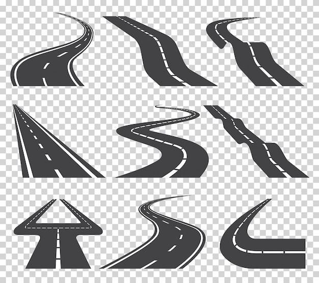 Sinuoso camino curvo o carretera con marcas. Dirección, conjunto de transporte. Ilustración vectorial en transparente