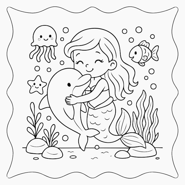 La sirena abrazando al delfín Lindo subacuático Página para colorear con criaturas marinas para niños