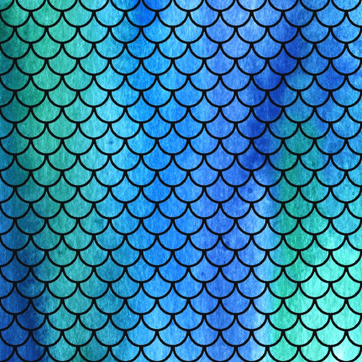 Sirena acuarela o escamas de pescado fondo azul con escamas reptilianas de patrón de verano brillante negro