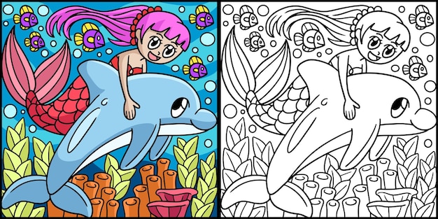 Sirena Cabalgando En Una Ilustración Coloreada Delfín