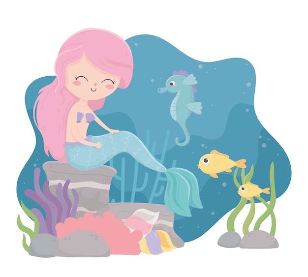 Sirena caballito de mar peces caracol algas coral dibujos animados bajo el mar ilustración vectorial