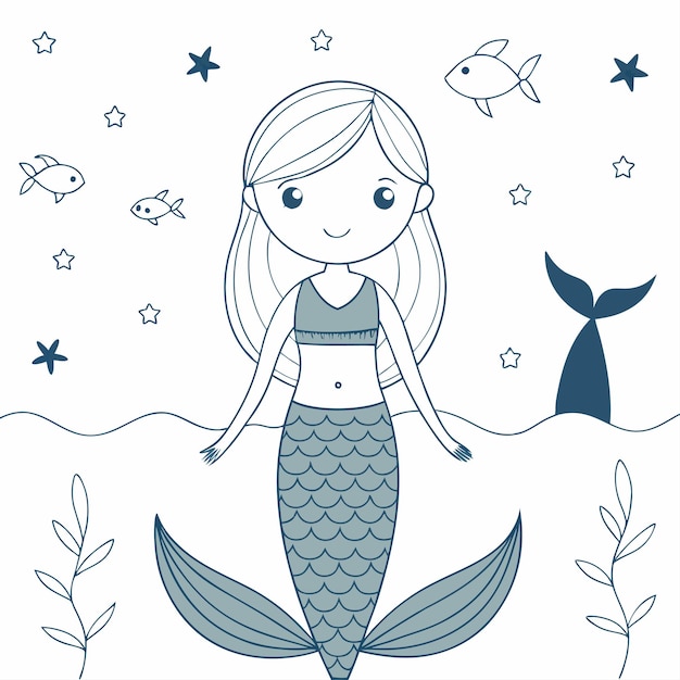 una sirena con cabello largo está sentada en una sábana blanca con una ballena y un sello en el fondo