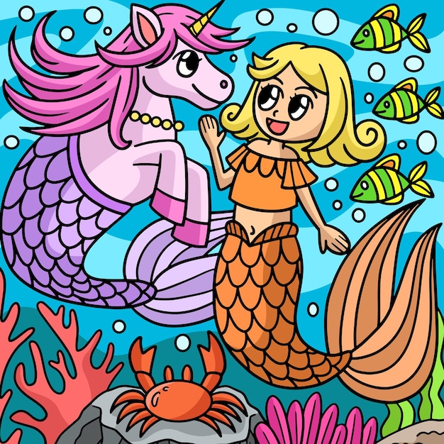 Sirena charlando con dibujos animados de colores de unicornio