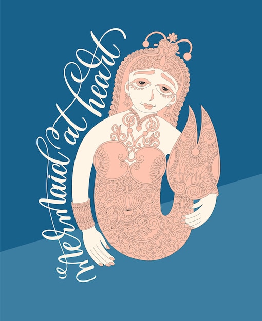 Vector sirena de corazón letras a mano con dibujo de arte lineal