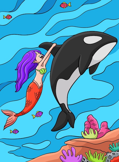 Sirena y un delfín Ilustración de dibujos animados de colores