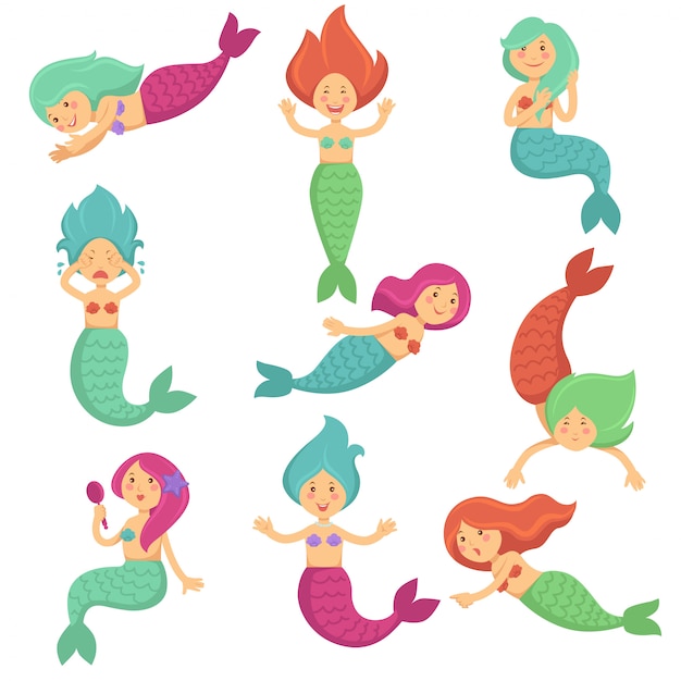 Vector sirena de dibujos animados divertidos personajes lindos vector conjunto de iconos de diseño de niño aislado