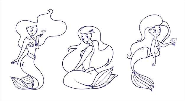 Una sirena en diferentes poses en un estilo lineal Ilustración para productos infantiles Vector