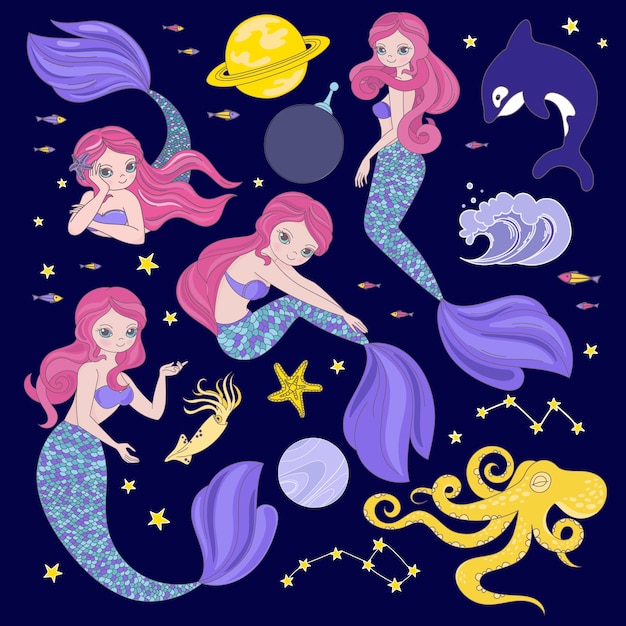 Sirena en el espacio cartoon cosmos galactic princess clip art illustration set