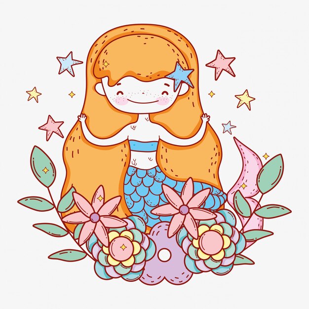 Sirena con estrellas y flores hojas plantas.