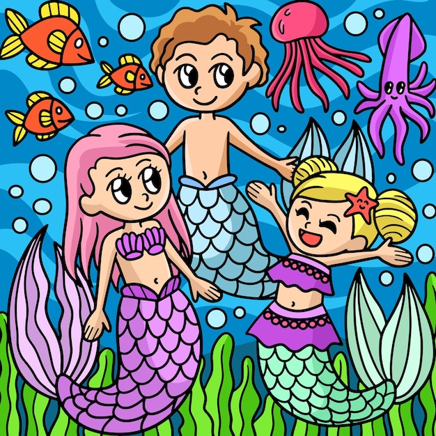 Sirena, familia, coloreado, caricatura, ilustración