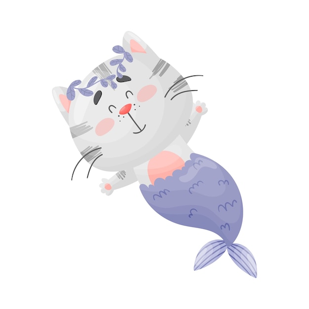 La sirena gato se acuesta en su espalda ilustración vectorial sobre un fondo blanco