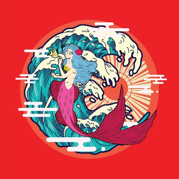 sirena con ilustración vectorial japonesa para el fondo