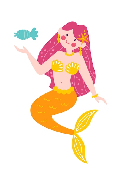 Sirena infantil con peces ilustración vectorial