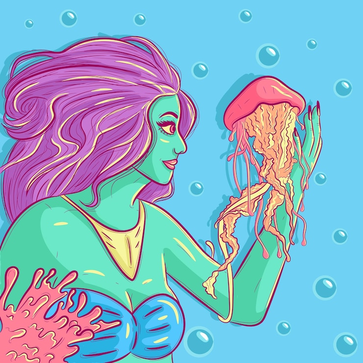Vector sirena interactuando y tocando una medusa mujer alienígena con piel verde nadando bajo el agua