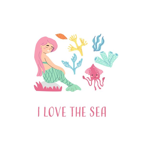 Una sirena joven rodeada de coloridas ilustraciones de vida marina