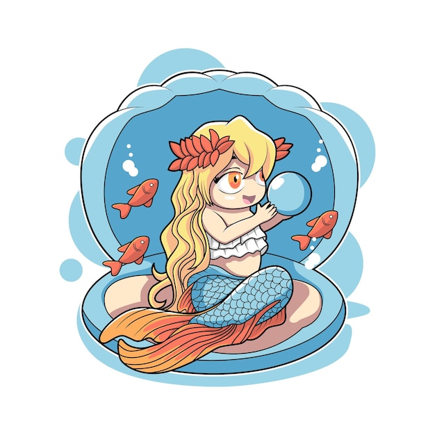 sirena jugando una perla lindo diseño de ilustración vectorial