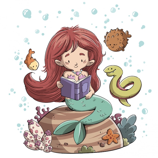 Sirena leyendo un libro rodeado de peces