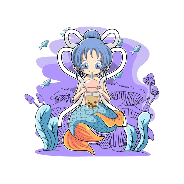 Sirena linda bebiendo boba, diseño de ilustraciones vectoriales