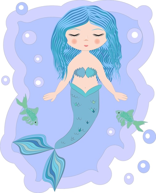 Sirena linda de la princesa del mar de la sirenita de la historieta con los ojos cerrados del pelo azul y la cola bifurcada