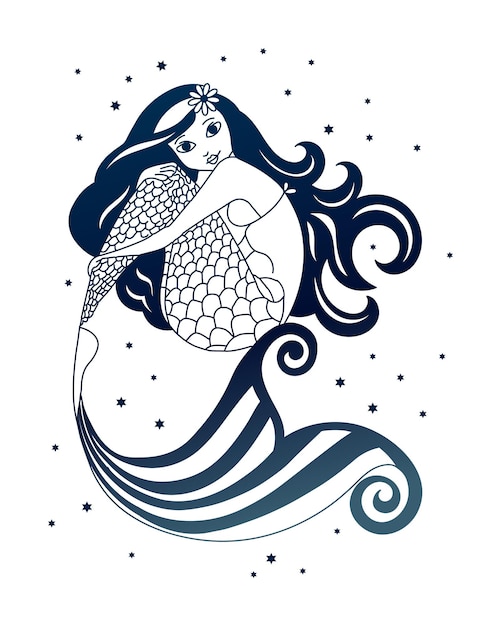 Sirena mágica de dibujos animados con estrellas, diseño azul y blanco. Boceto para colorear para niños.