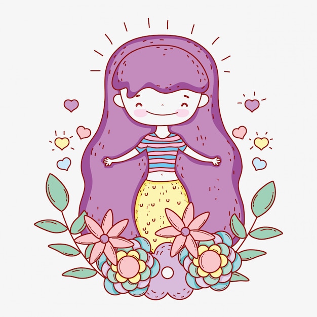 Sirena mujer con corazones y flores plantas.