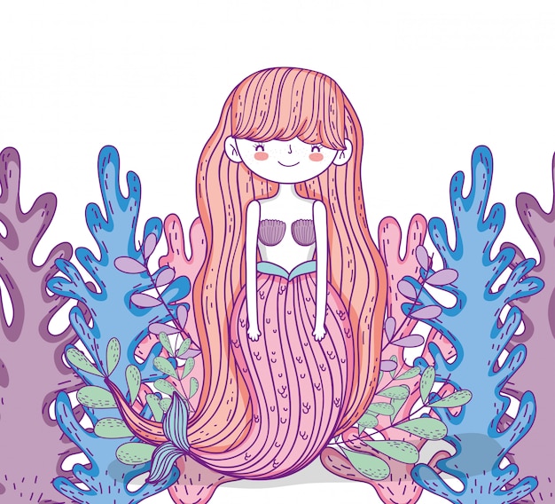Sirena mujer con peinado y plantas de algas.