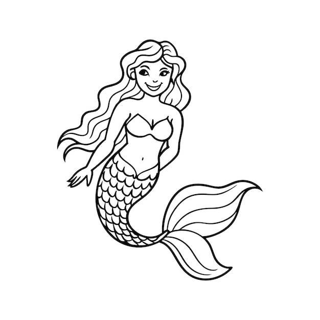 sirena en el océano ilustración vectorial de línea de arte