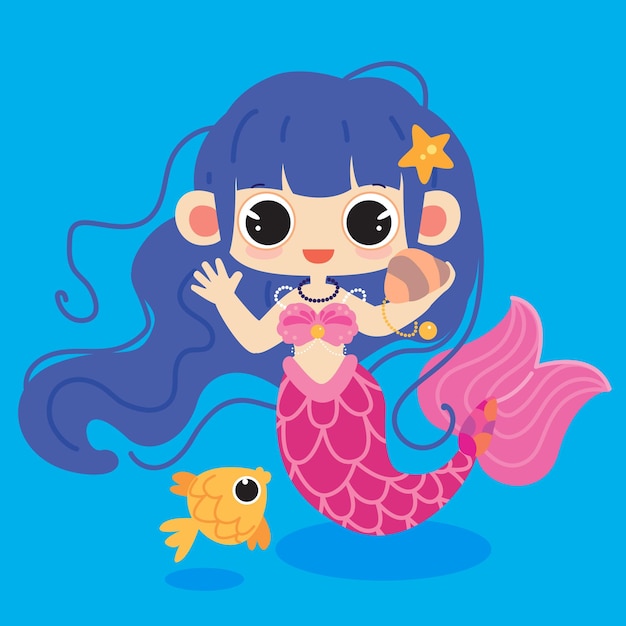 Sirena y pez pequeño en el océano
