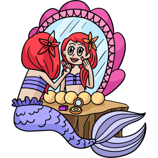 Sirena sentada frente a un espejo de dibujos animados