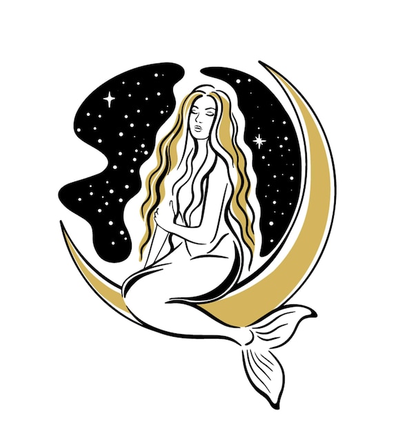 Sirena sentada en la luna. ilustración dibujada a mano vectorial en estilo boho, negro y dorado