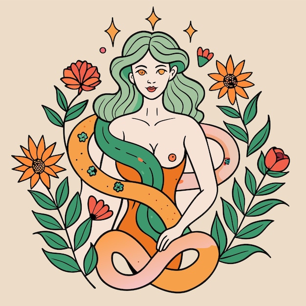 Vector una sirena con una serpiente alrededor de su cuello está sentada en un círculo con flores y una serpe