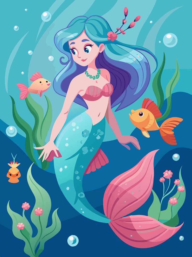 una sirena con una sirena bajo el agua con peces
