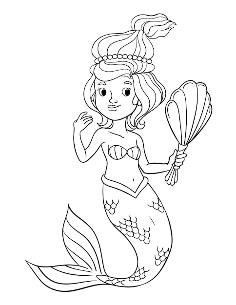 Sirena Sosteniendo Concha Espejo Aislado Para Colorear