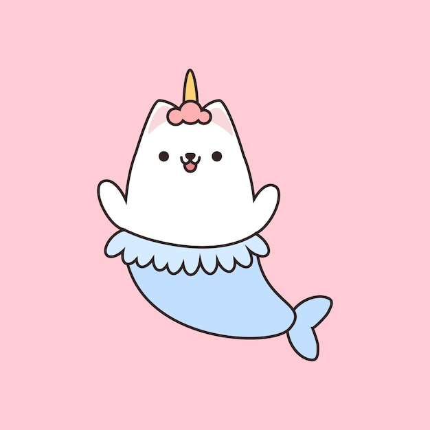 Vector la sirena unicornio gato sobre un fondo rosado