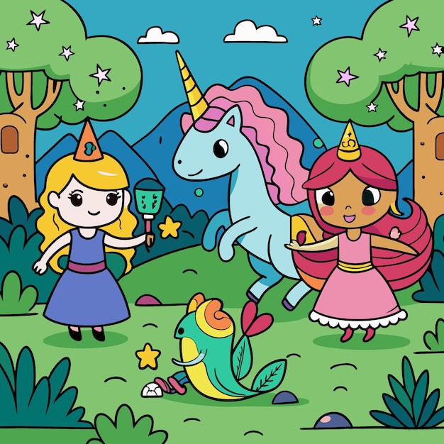 la sirena unicornio y la princesa ilustración vectorial