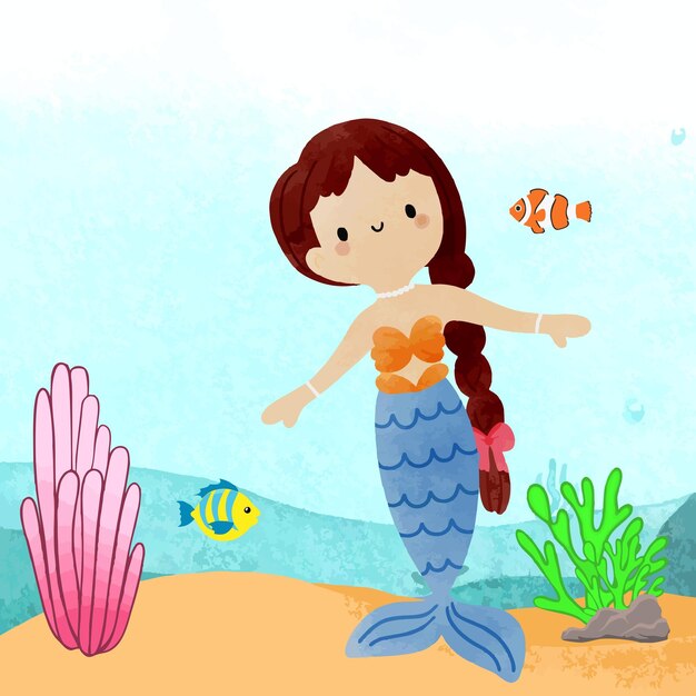 sirena vectorial y pez en el mar