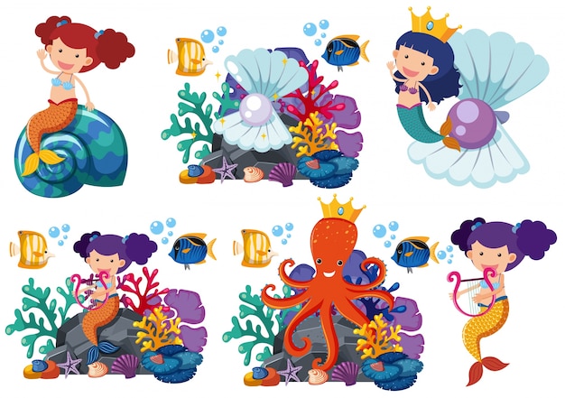 Sirenas y animales marinos bajo el agua
