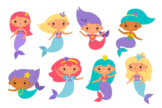 Sirenas lindas pequeñas princesas subacuáticas divertidas niñas bonitas coloridas peces escamas y colas hermosas hadas niños adorables criaturas marinas bonitas dibujos animados vectoriales estilo plano conjunto aislado