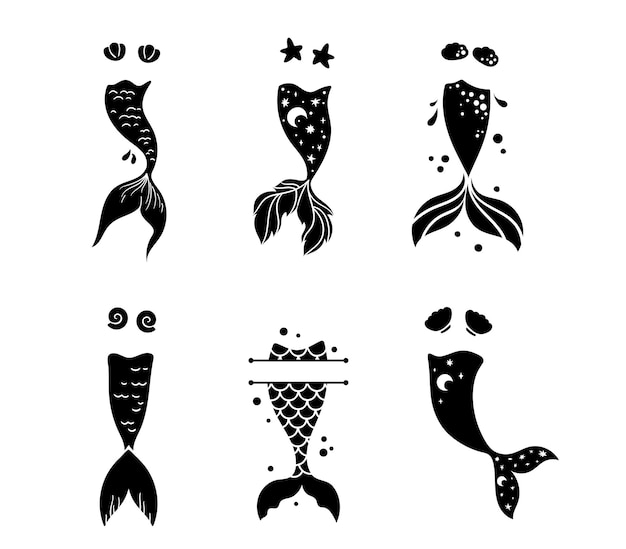 Sirenita cola clipart paquete bebé sirena vida submarina y elementos de marco de monograma