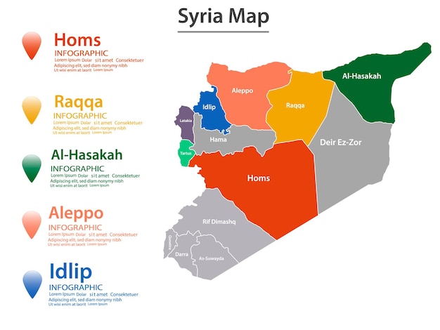 Vector siria mapa dividido en estados federales territorio del país con fronteras regionales