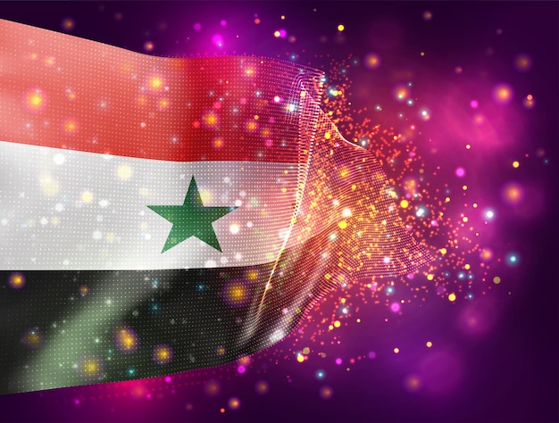 Siria, vector bandera 3d sobre fondo rosa púrpura con iluminación y bengalas