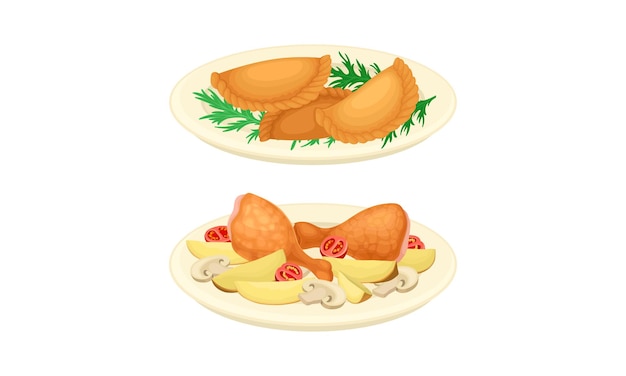 Se sirve en un plato con patas de pollo fritas y un conjunto vectorial de albóndigas rellenas